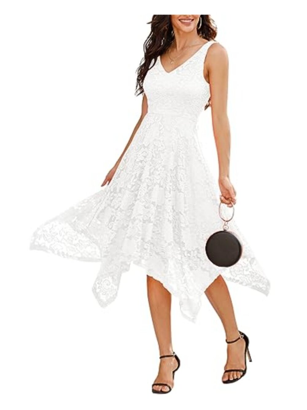 Women's Lace Handkerchief Hem Cocktail Party Dress V-Neck Sleeveless